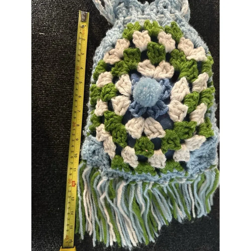 Handcrafted handbag women Crochet blue white green fringe granny square